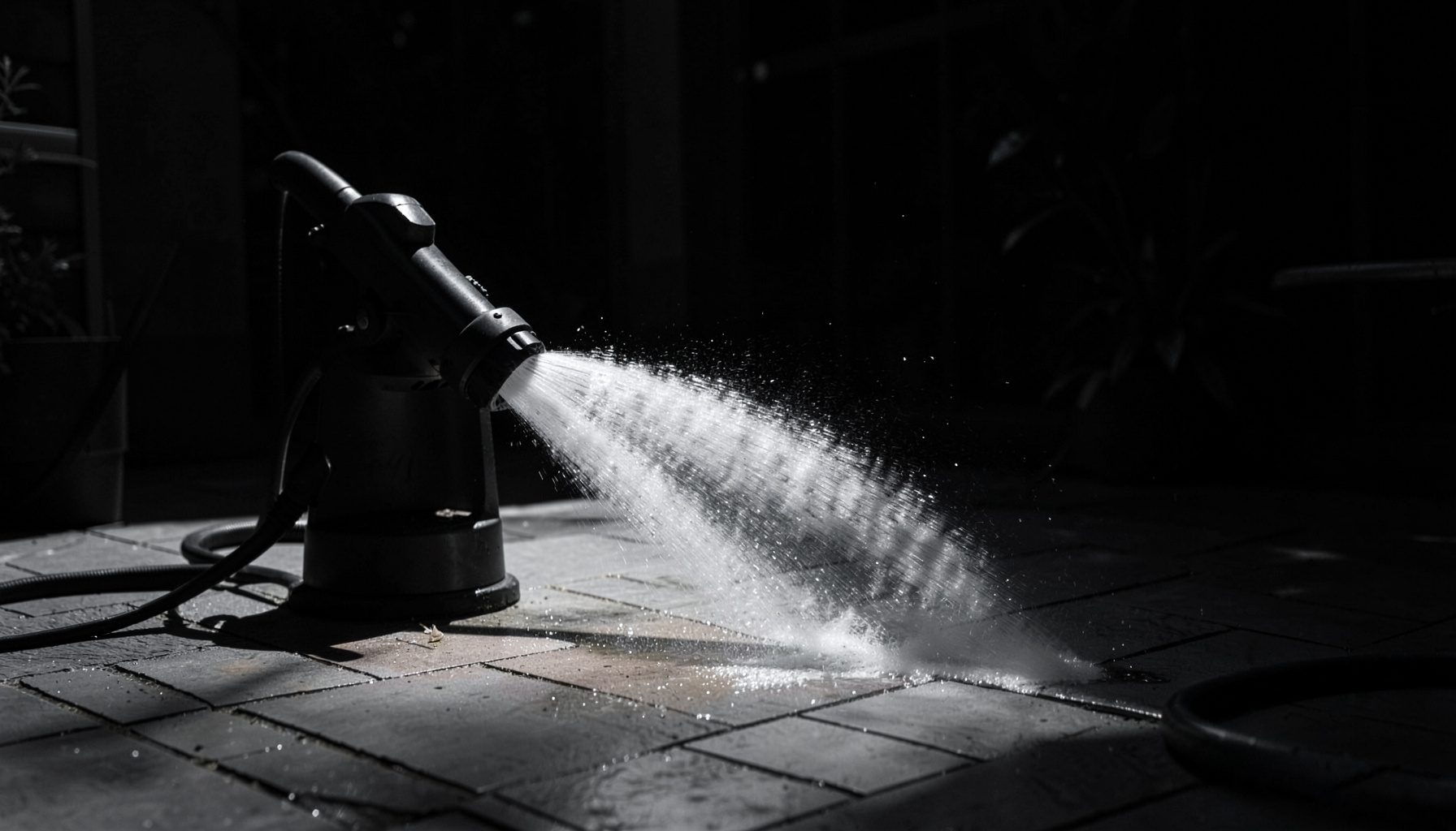 Nettoyeur haute pression en action sur une terrasse, jet d'eau puissant dans la pénombre, tons gris et anthracite.
