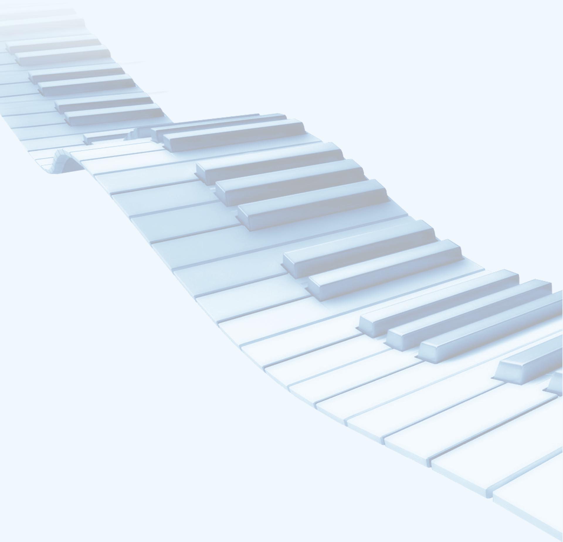 Gros plan de touches de piano s'étirant vers l'horizon, teintes bleu pâle monochromes, ambiance calme et feutrée